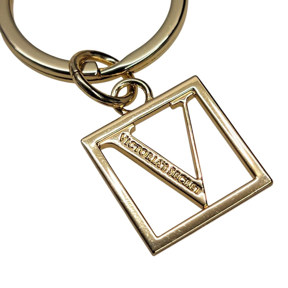 Victoria's Secret Gold Tone Square V Logo Keychain Bag Charm Key Ring Fob